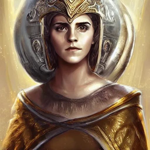 Prompt: Emma Watson as ancient greek woman in golden helmet, giant grey-haired bearded male face in the sky, epic fantasy style art, fantasy epic digital art