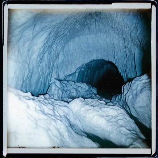 Prompt: a massive glacier cave opening, dark, creepy, eerie, unsettling, old polaroid, expired film,
