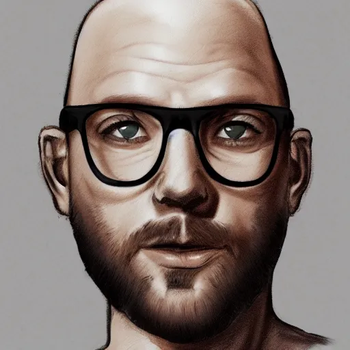 Prompt: portrait of a young bald bearded and tattoed man wearing glasses, drinking a glass of whiskey, digital painting, highly detailed, hd, 4k, trending on artstation