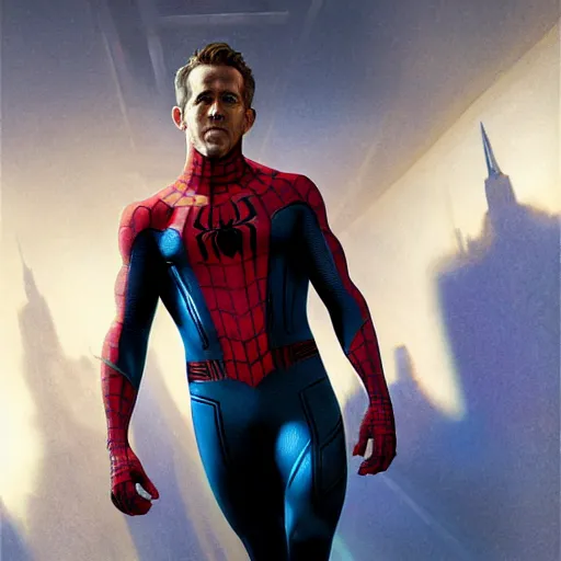 Image similar to ryan reynolds as spider - man, wearing a black and blue suit, cinematic, volumetric lighting, f 8 aperture, cinematic eastman 5 3 8 4 film, photorealistic by greg rutkowski, by stanley artgerm, by alphonse mucha