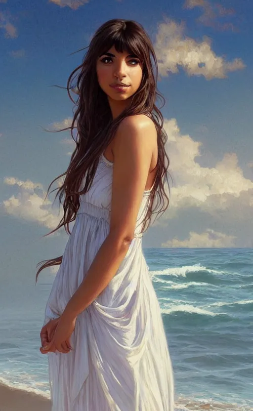 Prompt: a beautiful hannah simone wearing a sundress on the beach, d & d, fantasy, intricate, elegant, highly detailed, digital painting, artstation, concept art, matte, sharp focus, illustration, art by artgerm and greg rutkowski and alphonse mucha