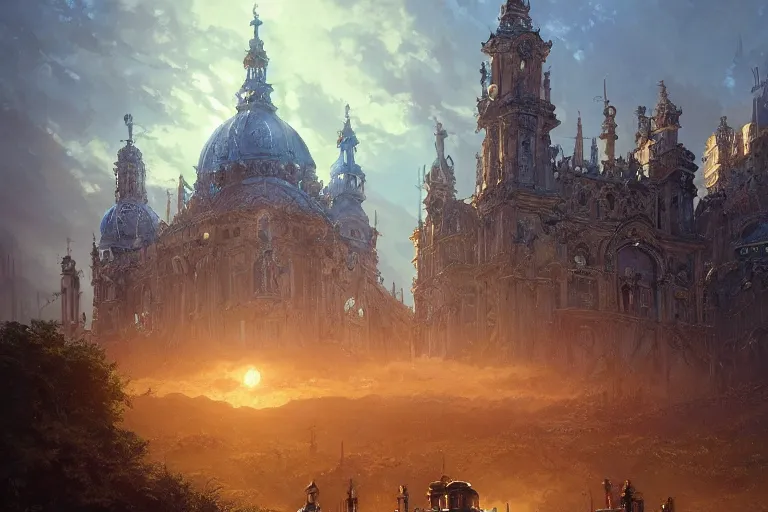 Prompt: an ornate baroque church with chain wheels, mortal engines, scene in an open field. key visual, conceptart, ambient lighting, highly detailed, digital painting, artstation, concept art, sharp focus, by makoto shinkai and akihiko yoshida and greg manchess