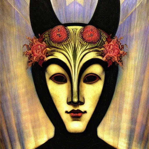 Image similar to masterpiece painting of a facemask made of stylized flowers, by annie swynnerton and jean delville and tino rodriguez and john watkiss, flower mask, art deco shaman, art brut, symbolist, dramatic lighting, god rays, elaborate geometric ornament, clean crisp graphics, soft cool colors, smooth, sharp focus, extremely detailed