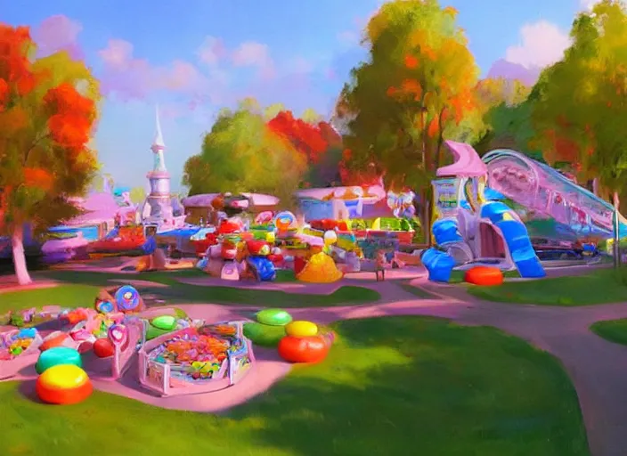Prompt: candy park for a game candy themed, top angle, oil painting by jama jurabaev, extremely detailed, brush hard, artstation, for aaa game, high quality, brush stroke