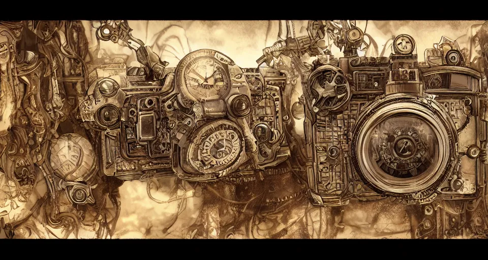 Image similar to A beautiful artwork illustration, extremely detailed and advanced steampunk-themed camera , featured on artstation, wide angle, horizontal orientation