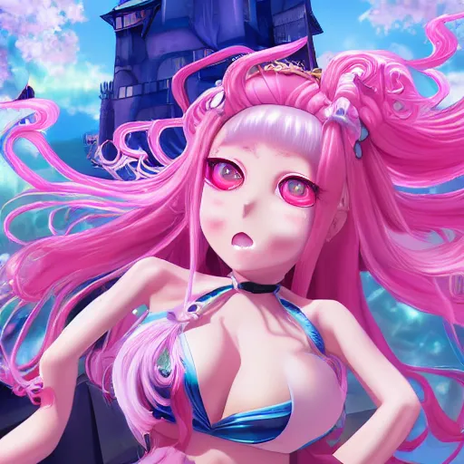 Image similar to stunningly beautilful omnipotent megalomaniacal anime agi goddess who looks like junko enoshima with symmetrical perfect face and porcelain skin, pink twintail hair and cyan eyes, taking control while smiling inside her surreal vr castle, hyperdetailed, digital art, unreal engine 5, 2 d anime style, 8 k