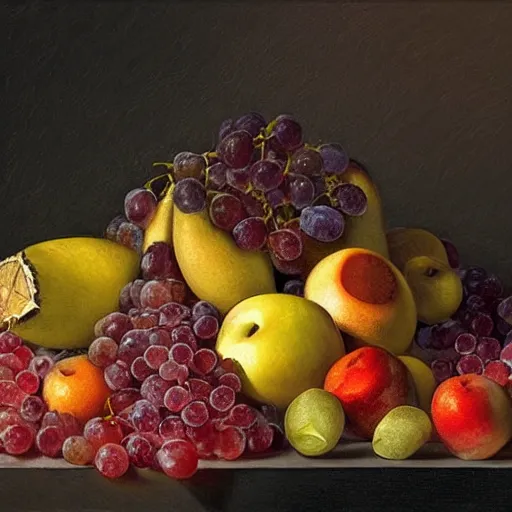 Image similar to melancholic, defined by marek okon. a still life of fruit on a table. the fruit is arranged in a pyramid shape, with the largest pieces of fruit at the bottom & the smallest pieces of fruit at the top. the colors are bright & the illustration has a lot of texture.