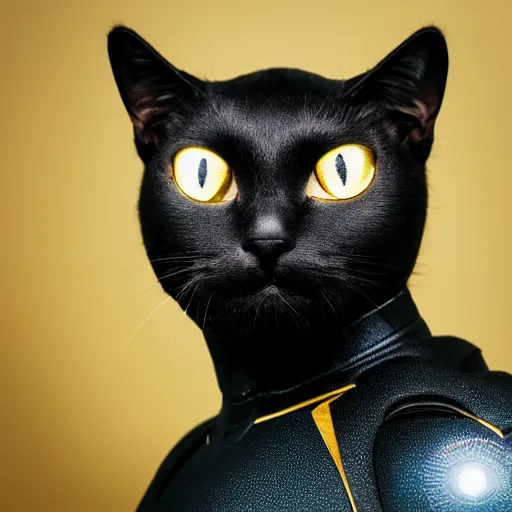 Prompt: a black cat wearing an iron man suit, high quality photograph, 4k, studio quality lighting