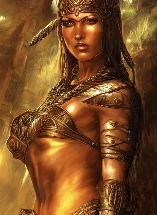 Prompt: a highly detailed symmetrical painting of a female amazon warrior with piercing beautiful eyes, dark tomb setting, dynamic lighting, ambient lighting, deviantart, art by artgerm and karol bak and mark brooks