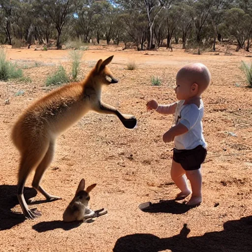 Prompt: baby dingo, baby emu, baby kangaroo, all playing together and eating vegemite sandwiches in a ballpit in the outback