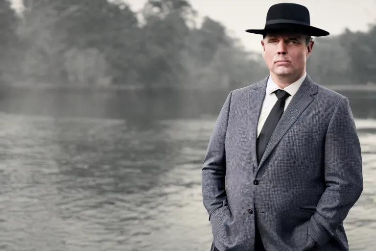 Image similar to cinematic still of portly clean-shaven white man wearing suit and necktie and boater hat, XF IQ4, f/1.4, ISO 200, 1/160s, 8K, RAW, dramatic lighting, symmetrical balance, in-frame