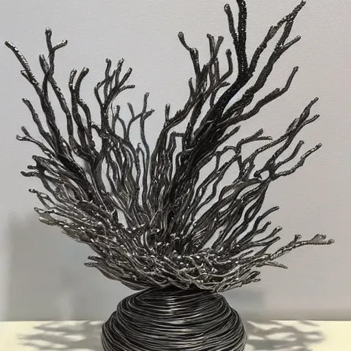 Prompt: realistic detailed silver wire sculpture of a coral reef