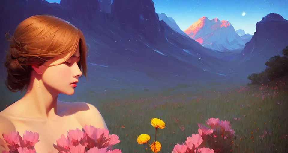 Image similar to a single flower with a few petals behind a beautiful mountain landscape, night setting. realistic shaded lighting poster by ilya kuvshinov katsuhiro, magali villeneuve, artgerm, jeremy lipkin and michael garmash, rob rey and kentaro miura style, trending on art station