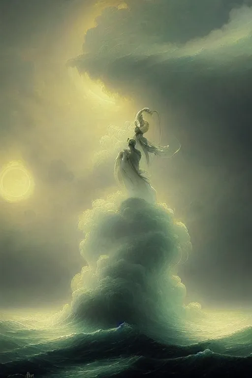 Image similar to A stunning detailed water deity by Ivan Aivazovsky, Peter Mohrbacher , Greg Rutkowski, stormy ocean, beautiful lighting, full moon, detailed swirling water tornado, artstation