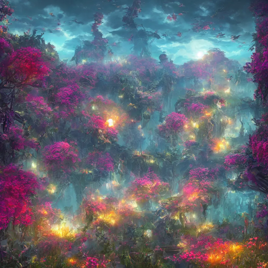 Image similar to digital illustration, a world full of life divine thrill of the biological tranquil sky, atoms floating gothic harts, flowers, in the style of greg rutkowski and lisa frank hr giger, bright color splashes, high detailed 8 k