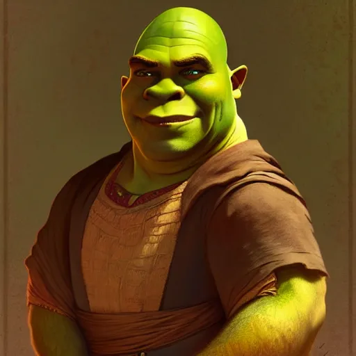 Image similar to handsome shrek wearing djellaba, highly detailed, digital painting, artstation, concept art, sharp focus, illustration, art by greg rutkowski and alphonse mucha