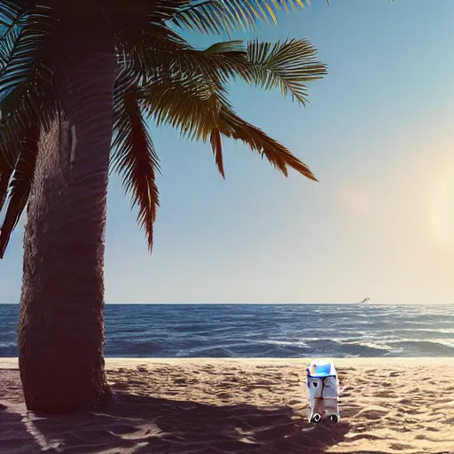 Prompt: a beautiful photo of an astronaut on the beach under a palm tree, summer sun, 1 9 7 0, soft light, morning light, photorealistic, realistic, octane, 8 k, cinematic shot