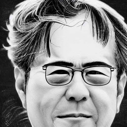 Image similar to Yoshitaka Amano realistic illustration of jeb bush ,hair fluttering in the wind, cracks on his face, square jaw, abstract black and white patterns on the background, noisy film grain effect, highly detailed, Renaissance oil painting, weird portrait angle, blurred lost edges, three quarter view