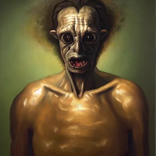 Image similar to oil painting by christian rex van minnen of a portrait of an extremely bizarre disturbing mutated man with proteus syndrome shiny bulbous intense chiaroscuro lighting perfect composition