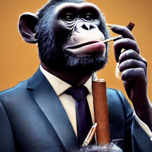 Image similar to a high detail photo of an antropomorphic chimp wearing a suit smoking a cigarrette, subject= chimp, subject detail: wearing a suit, subject action: smoking a cigar, photorealism, dramatic lighting, award winning photograph, trending on artstation