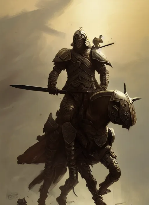 Image similar to epic war commander with armored helmet holding two gigantic sword and riding a standing horse while attacking enemies. highly detailed, digital painting, concept art, smooth, sharp focus, illustration, art by greg rutkowski