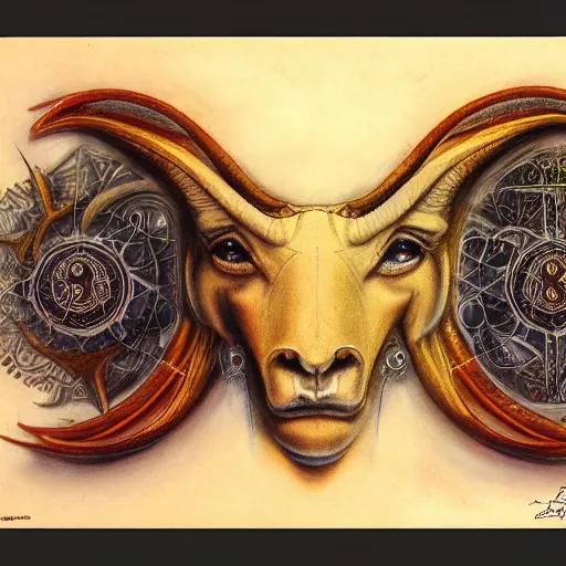 Image similar to portrait of aries zodiac artwork, mystic occult style, detailed, 8 k, symmetrical, by brian froud