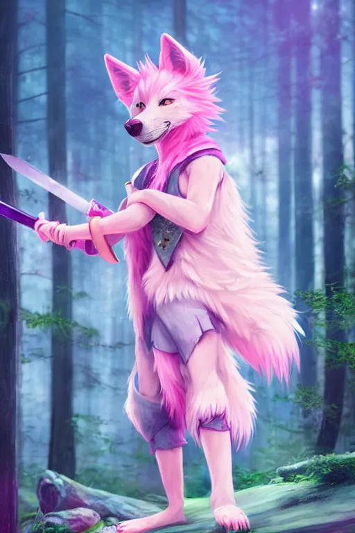 Image similar to a beautiful fullbody portrait of a cute male boy with pink hair and pink wolf ears and tail, wearing a cool outfit, barefoot, wielding a sword in battle position, in a forest, at night. volumetric light, detailed, photorealistic, fantasy, rendered in octane