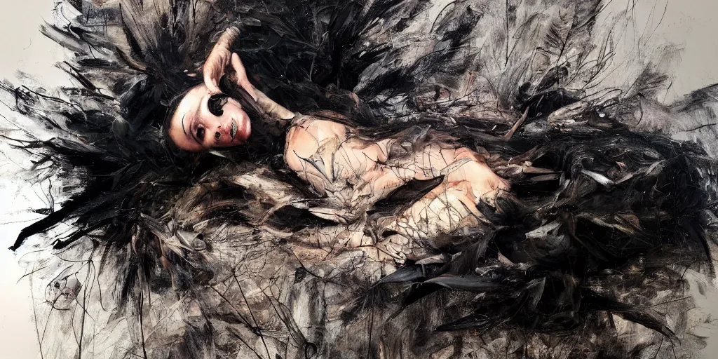 Prompt: a detailed painting of a black swan, mixed with leafs, dark atmosphere. vr painting. 3 d oil brush strokes. by francescp hayw, jenny saville, nicola samori and james jean. dynamic lighting, dramatic lighting. masterpiece