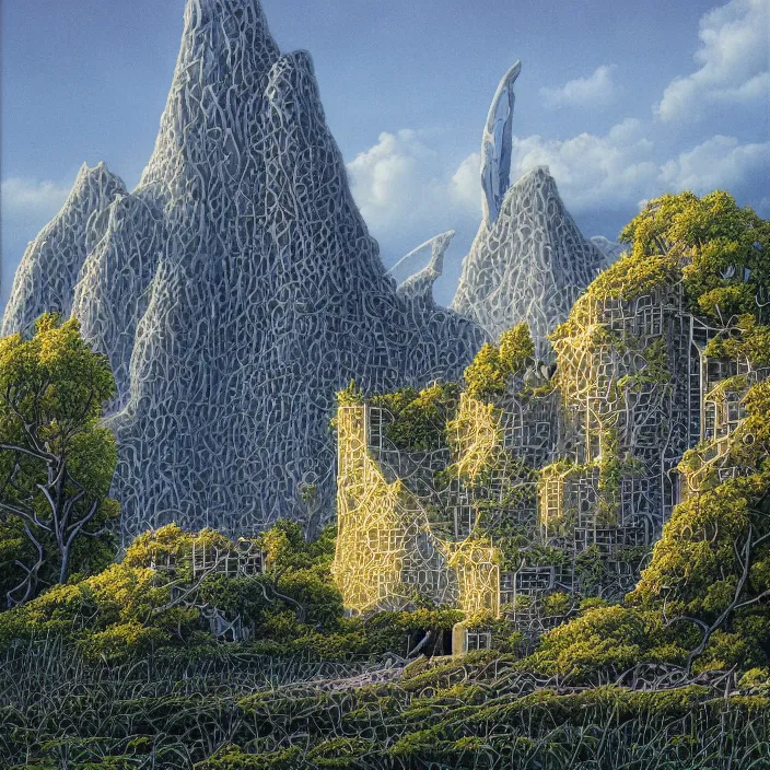 Image similar to a building in a landscape, by michael whelan