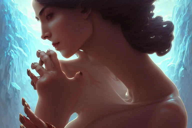 Image similar to symmetry!! portrait of a beautiful stone woman, lava flowing, exotic trees, bare barkintricate, elegant, highly detailed, digital painting, artstation, concept art, smooth, sharp focus, illustration, art by artgerm and ross tran and greg rutkowski and alphonse mucha, 8 k