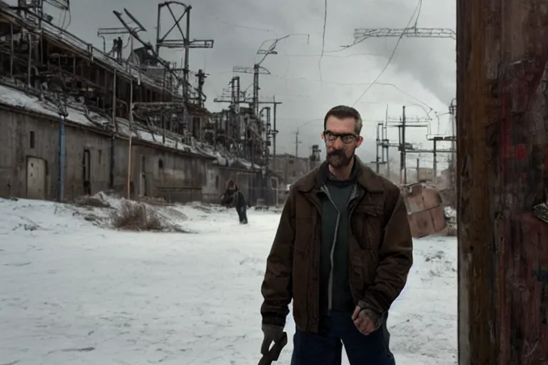 Image similar to vfx movie closeup real life gordon freeman holding crowbar in russian train yard by emmanuel lubezki