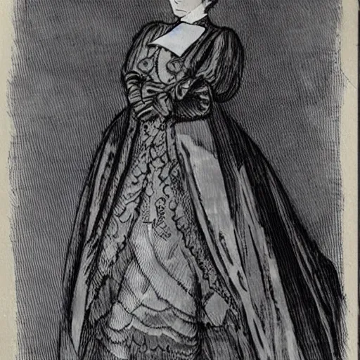 Image similar to Bill gates crossdressing in victorian gown, drawn in the style of yoji shinkawa, extremely detailed, detailed and realistic face