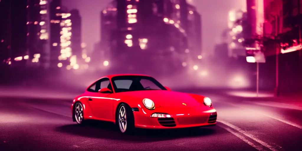 Prompt: Red Porsche sports car driving on a deserted city street at night time, fog, purple lighted street, wide angle, cinematic, hard focus, retro-wave vibes, grainy, soft motion blur, VHS Screencap