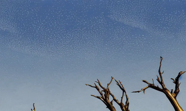 Image similar to panorama of big raindrops flying upwards into the perfect cloudless blue sky from a dried up river in a desolate land, dead trees, blue sky, hot and sunny highly-detailed, elegant, dramatic lighting, artstation, 4k, cinematic landscape, photograph by National Geographic