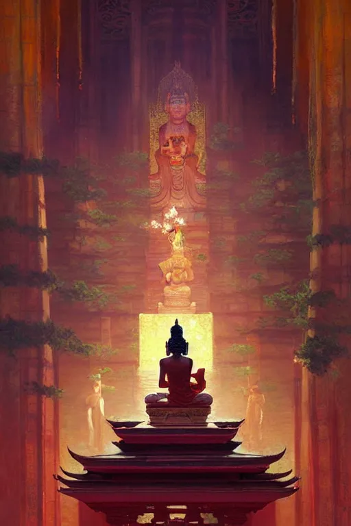 Image similar to temple, buddhism, painting by greg rutkowski, artgerm, claude monet, j. c. leyendecker