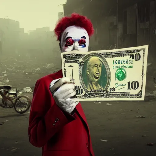 Prompt: A poor clown holding a giant dollar banknote, background is a slum, cinematic, epic, highly-detailed