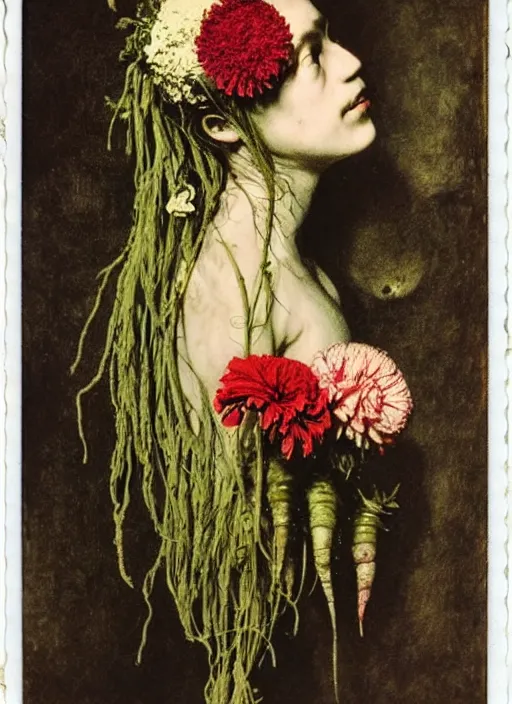 Image similar to beautiful and detailed rotten woman made of plants and many types of stylized flowers like carnation, chrysanthemum, roses and tulips, intricate, surreal, john constable, guy denning, gustave courbet, caravaggio, romero ressendi 1 9 1 0 polaroid photo