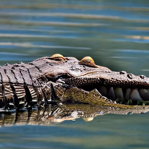 Prompt: award winning nature photography of a huge alligator with a missing eye, covered in scratches