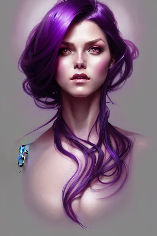 Image similar to Purple hair, creative colouring Portrait of woman, fashion, intricate, elegant, highly detailed, digital painting, artstation, concept art, smooth, sharp focus, illustration, art by artgerm and greg rutkowski and alphonse mucha