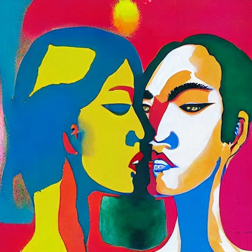 Prompt: beautiful painting of two bizarre psychedelic women kissing each other closeup in japan 1 9 7 0, speculative evolution, mixed media collage by basquiat and alex grey, magazine collage art, sapphic art, lesbian art