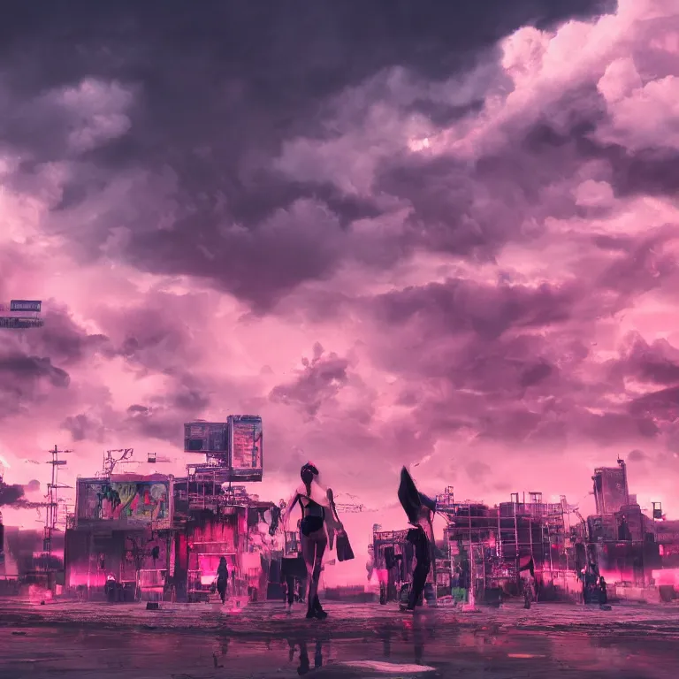 Prompt: oil painting, punk, punk back, pink, people with mohawks, neon, ultra detailed, contrast, heaven pink, clouds, sky, volumetric light, atmospheric lighting, dramatic, cinematic, steampunk, moody, octane render 4 k, 8 k