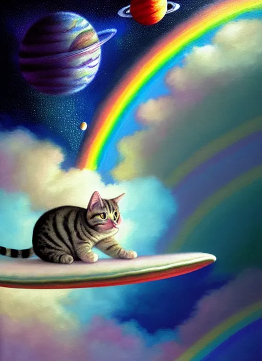 Image similar to a chubby tabby cat surfing on a rainbow in outer space, diffuse lighting, fantasy, intricate, surrealism!!!!, highly detailed, lifelike, photorealistic, digital painting, artstation, illustration, concept art, smooth, sharp focus, by greg rutkowski, chris tulloch mccabe, valentina remenar and asher duran,