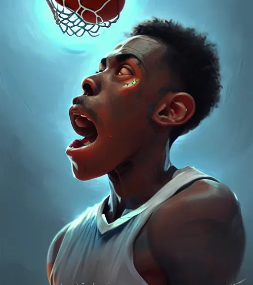 Image similar to portrait of a boy playing basketball in a basketball court, intense emotion, intricate, elegant, highly detailed, centered, digital painting, artstation, concept art, smooth, sharp focus, illustration, by Peter Mohrbacher, WLOP