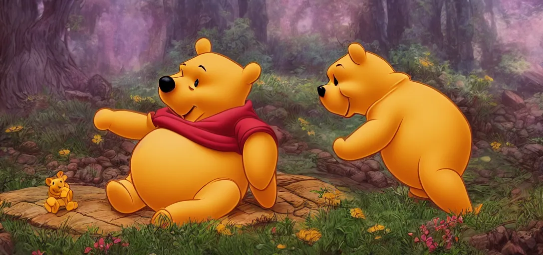 Image similar to winnie the pooh sitting on a giant pile of treasure, 4k, award-winning art, digital art, matte painting, trending on artstation, 4k