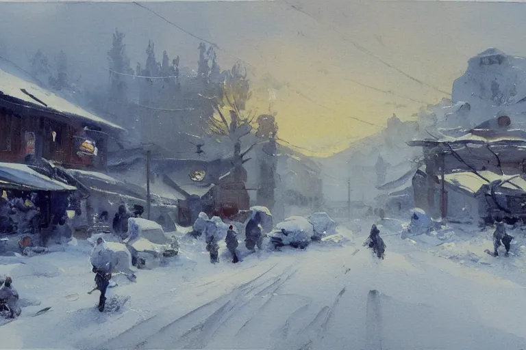 Prompt: small painted on watercolor paper, paint brush strokes, abstract watercolor painting of western town, snowy weather, winter, american frontier, midday sharp light, dust, cinematic light, american romanticism by hans dahl, by jesper ejsing, by anders zorn, by greg rutkowski, by greg manchess, by tyler edlin