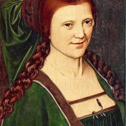 Prompt: portrait of a 40 years old women, dark red hair, green eyes, in medieval clothing, renaissance painting