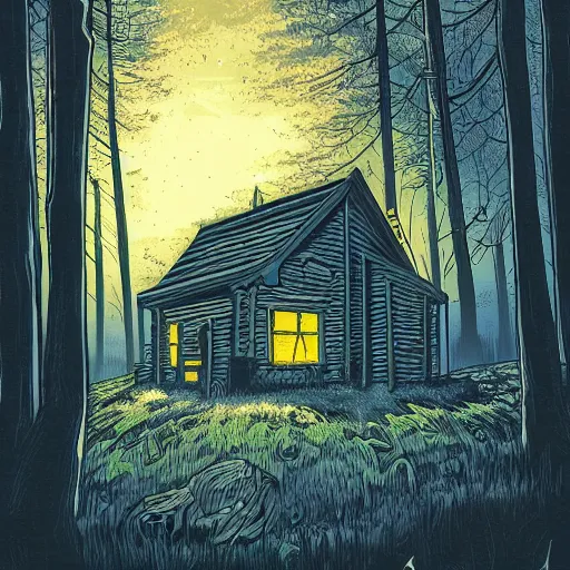 Prompt: a Ilustration of a Eerie cabin in the middle of the woods in the style of Dan Mumford