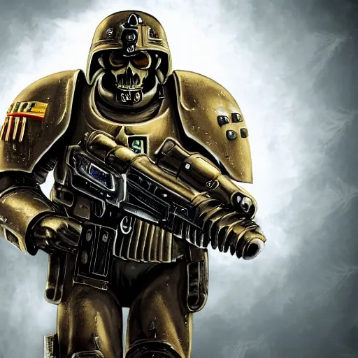 Image similar to a single human marine soldier full body with normal anatomy Warhammer 40k, wearing a small space marine skull helmet, wearing a full suit of symmetrical black space marine armor plating, golden skulls decorating armor, walking, holding arm up and aiming a bolt pistol, battlefield scene with smoke, seamless, grunge aesthetic