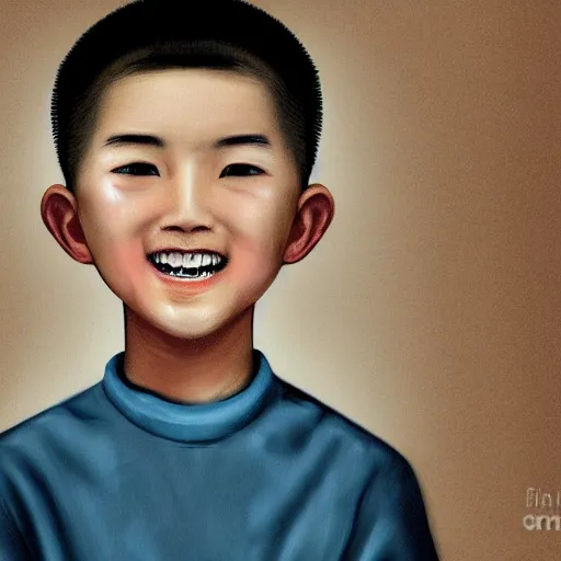 Image similar to dramatic portrait of chinese boy buzz cut, creepy smile, digital painting