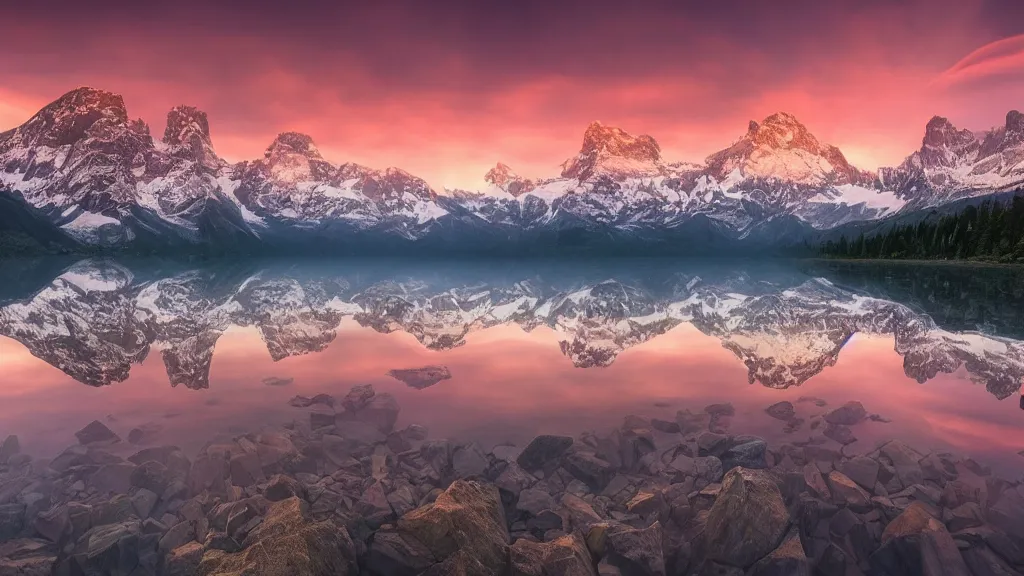 Image similar to amazing landscape photo of mountains with lake in sunset by marc adamus, beautiful dramatic lighting